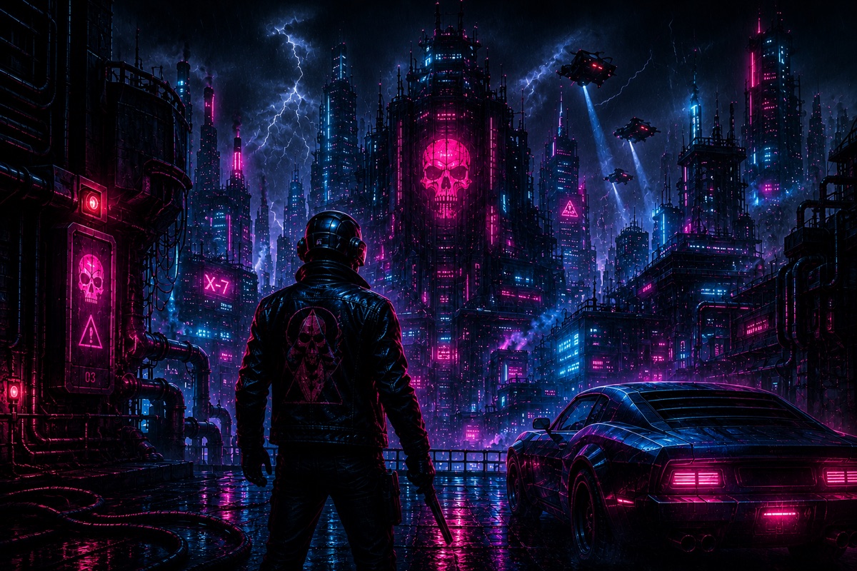 Estética Darksynth oscura, agresiva y cyberpunk con neones nocturnos