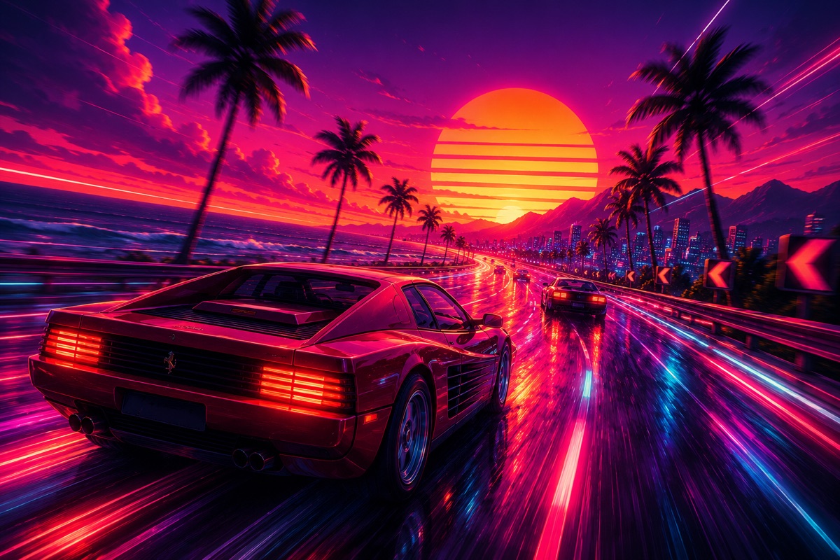 Estética Outrun con carretera, velocidad, palmeras y atardecer de neón