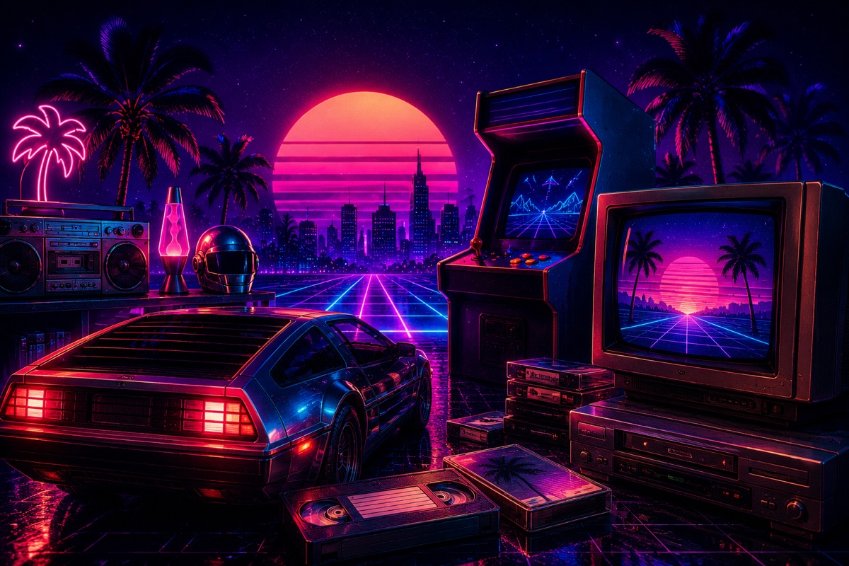 Estética Retrowave con nostalgia ochentera, neones y cultura retro