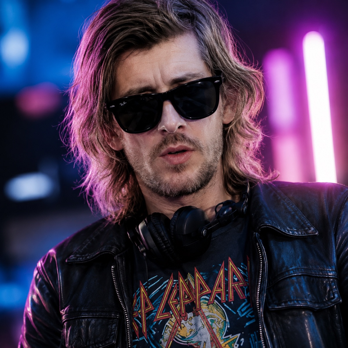 Retrato de Kavinsky con estética de neón