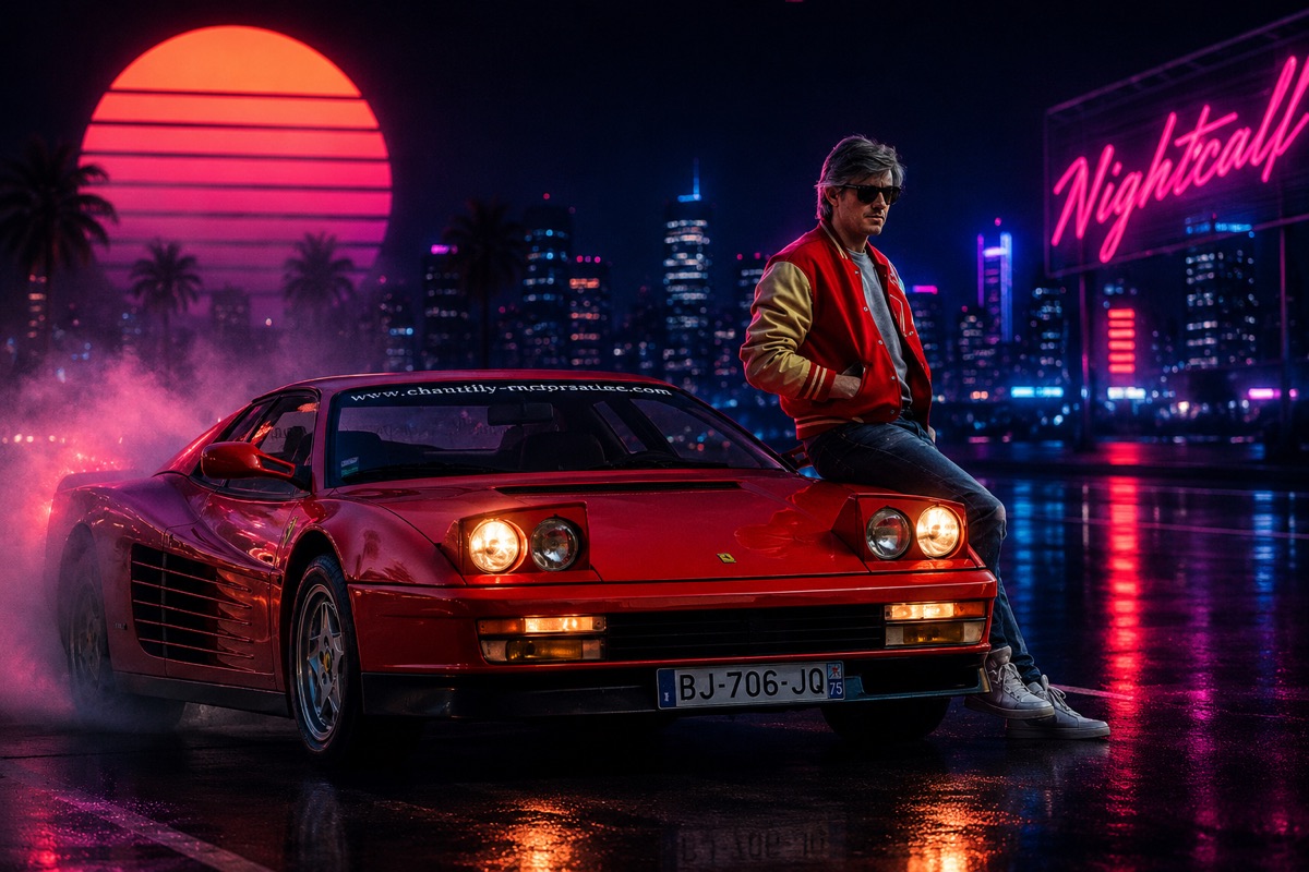 Kavinsky en una escena de carretera nocturna retrofuturista
