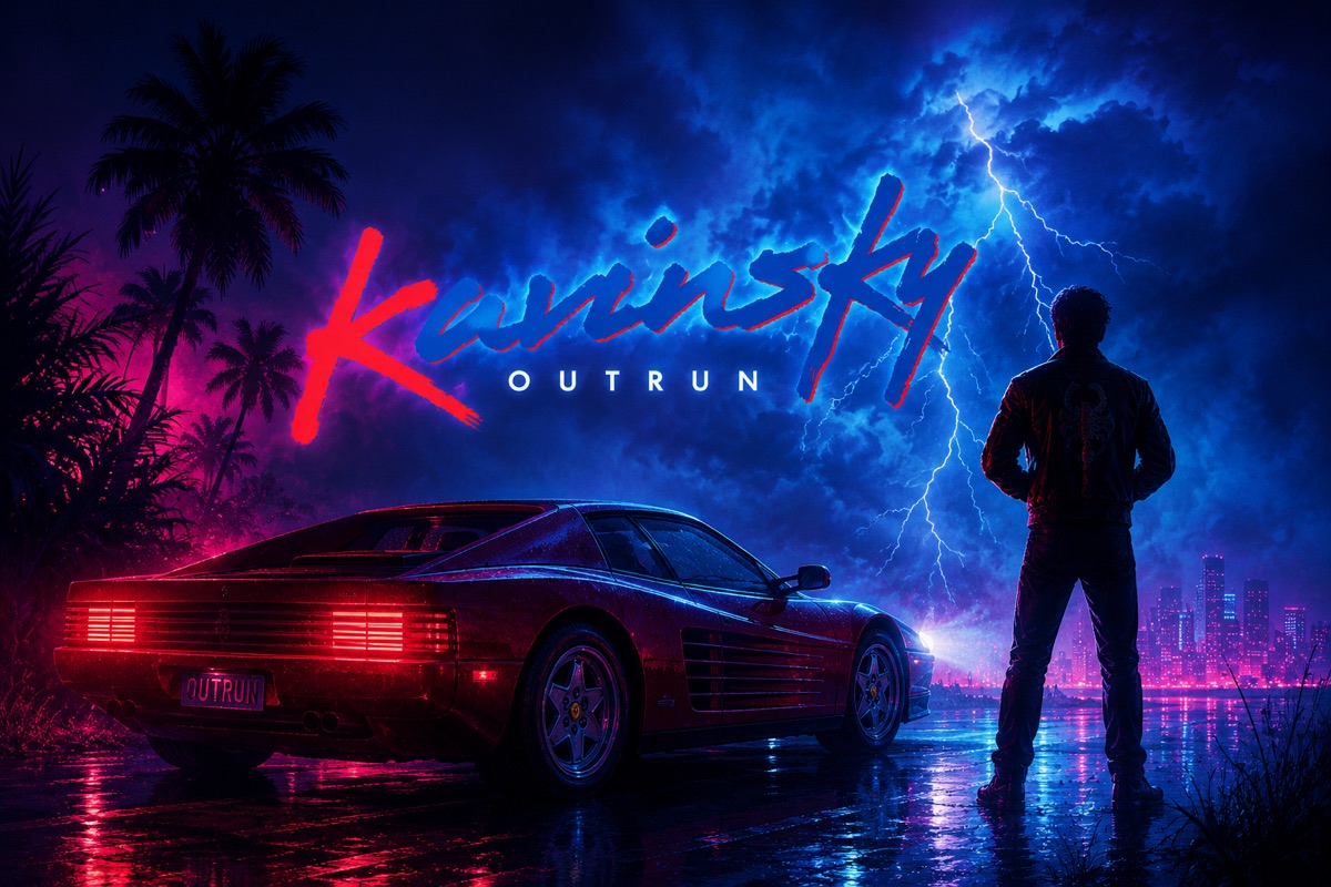 Escena Synthwave inspirada en Drive y Kavinsky