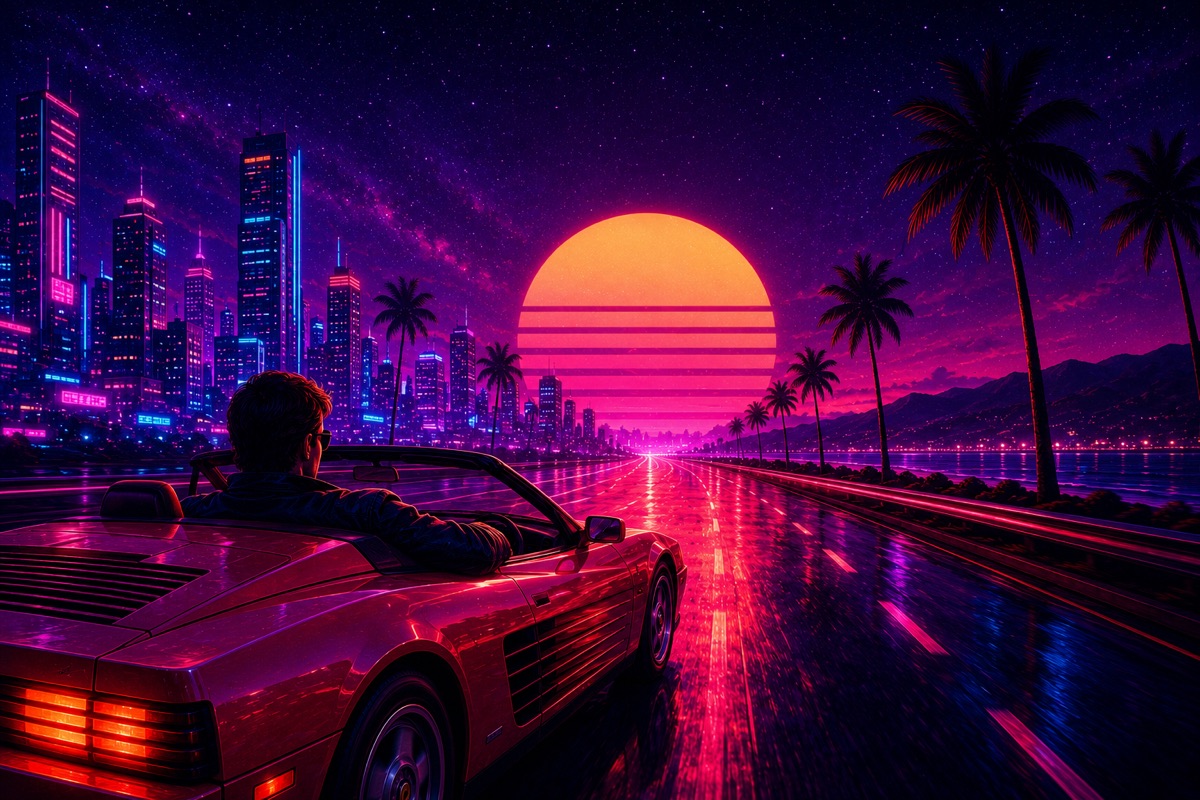 Cultura Synthwave, carretera de neón y ciudad retrofuturista
