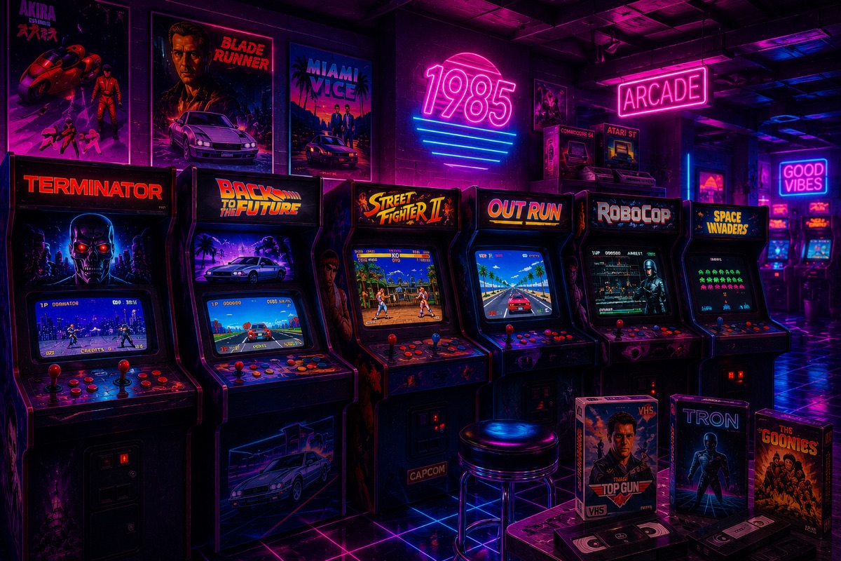 Salón arcade con referencias visuales de los años ochenta