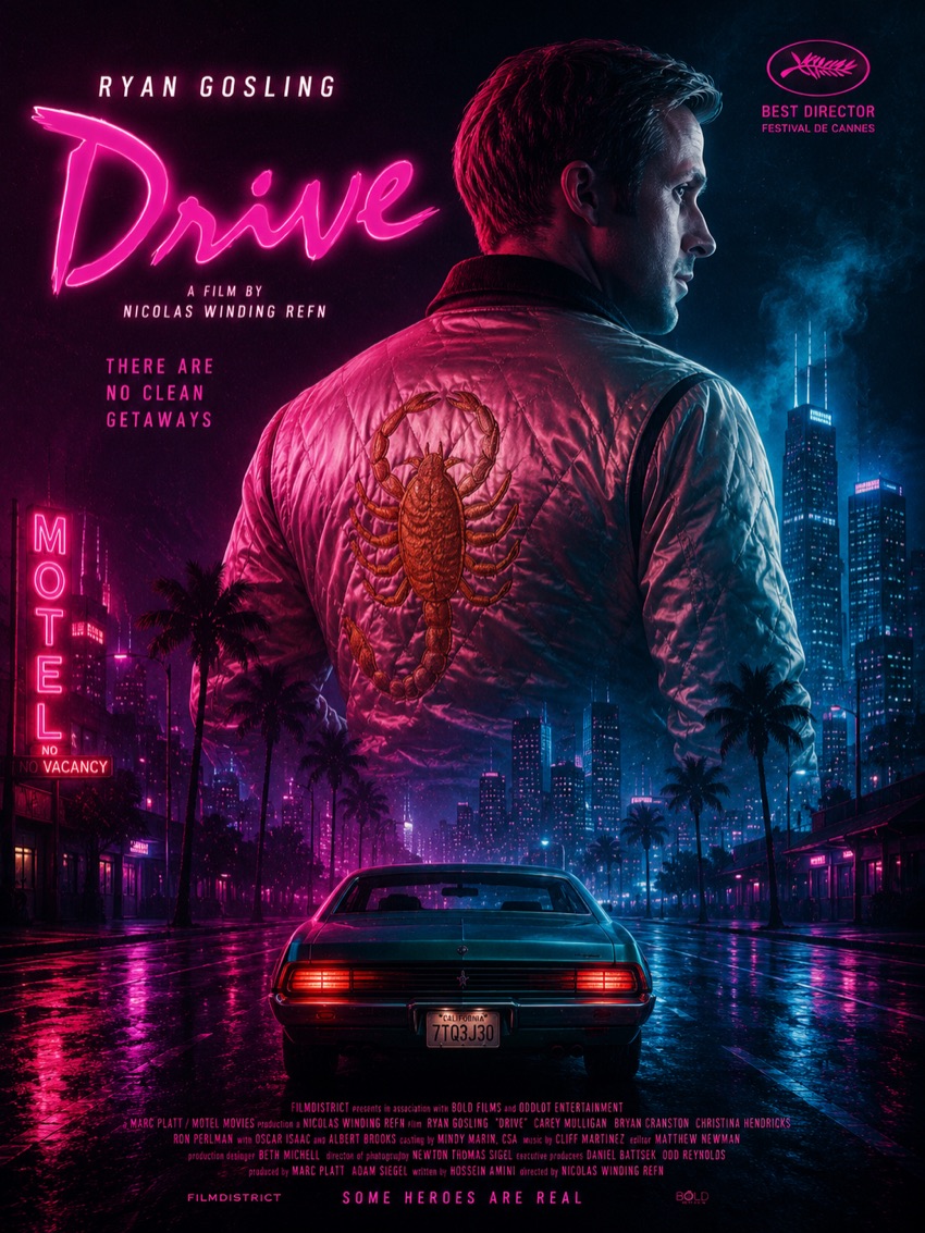 Estética de Drive y cine neon noir vinculado al Synthwave